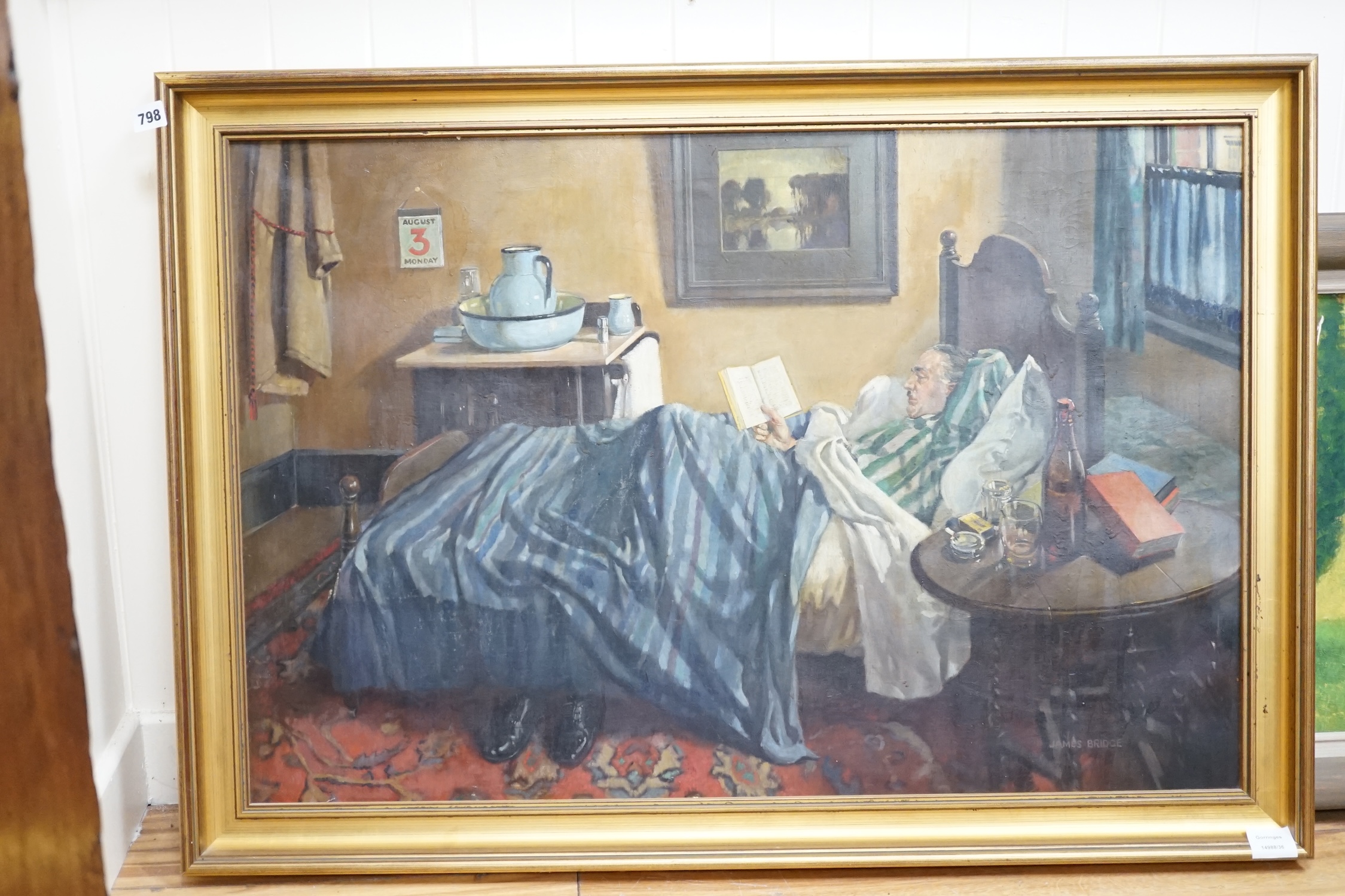 James Bridge, oil on canvas, Interior scene with figure reading, signed, 60 x 90cm, gilt framed. Condition - fair to good